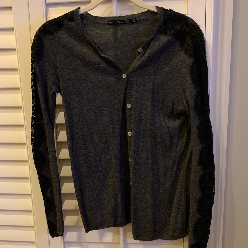 Grey Knit Button Sweater with Lace Sleeves